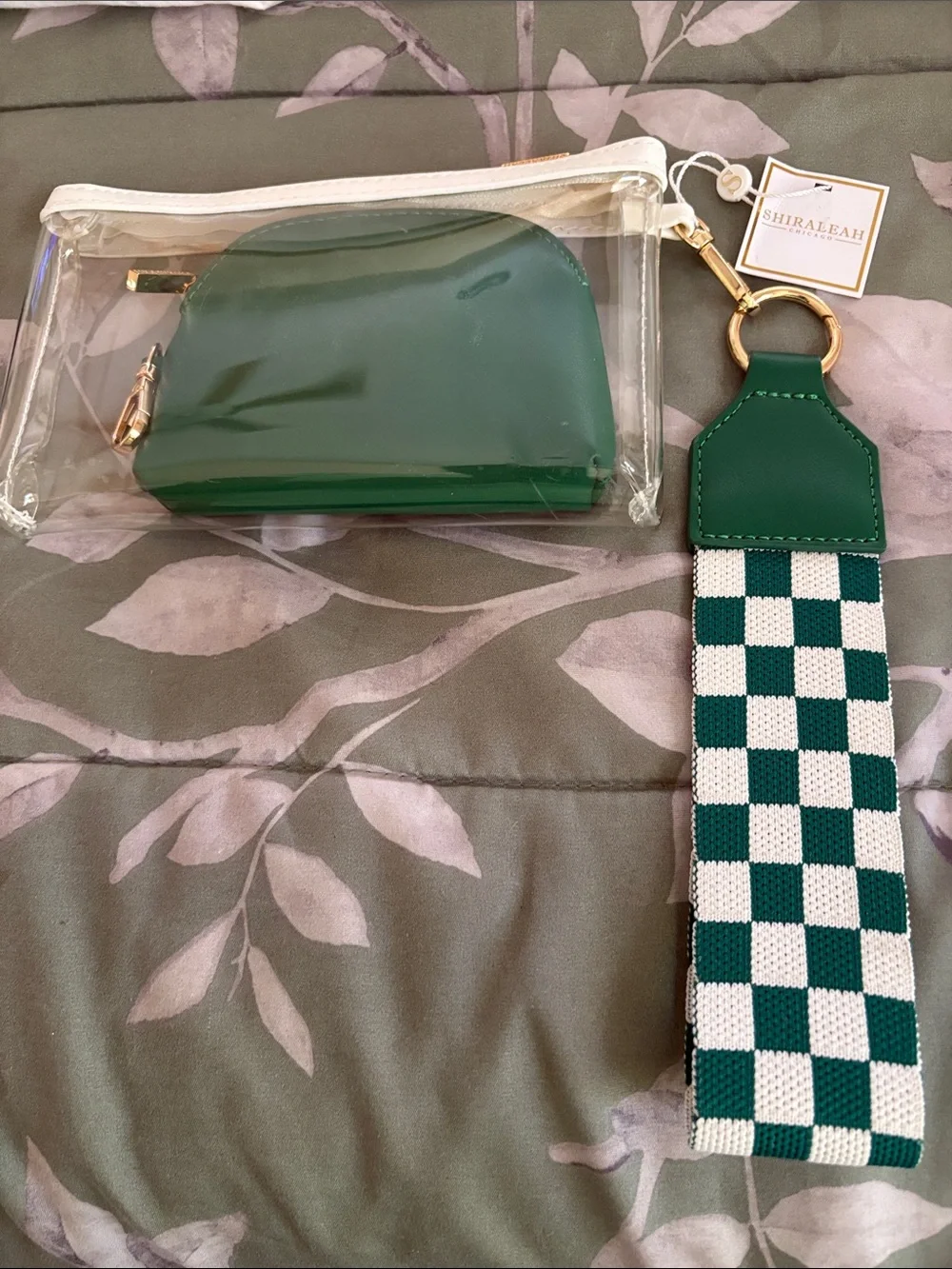 Shiraleah Green Clear Cosmetic Pouch Set with Green-and-White Checker Strap